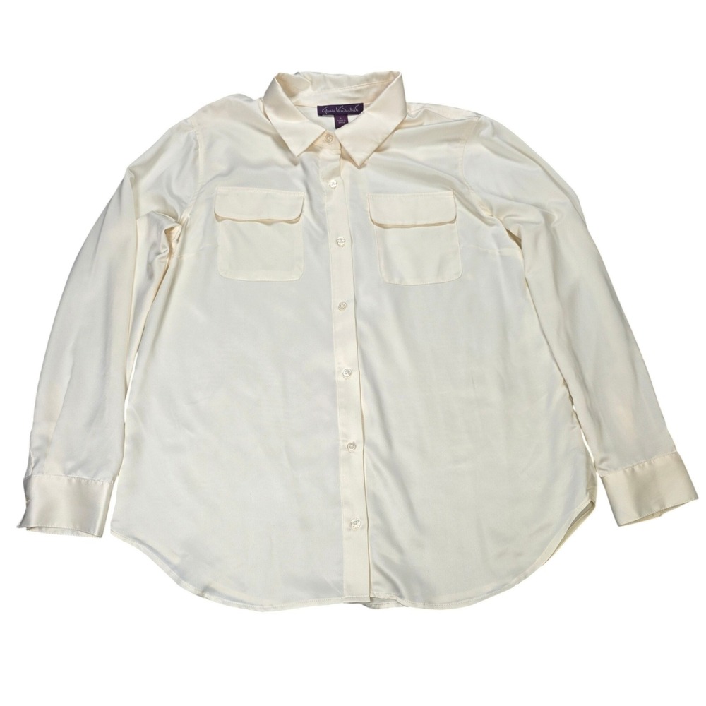 Gloria Vanderbilt Silky Button Up Blouse Womens Size L Ivory Long Sleeve Pockets